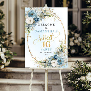 Chic Pastel Blue Greenery Sweet 16 Welcome Poster