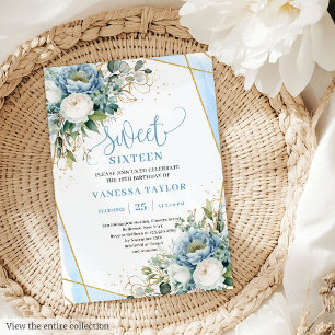 Chic Pastel Blue White Gold Flowers Sweet 16 Invitation
