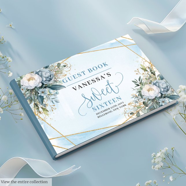 Chic Pastel Blue White Gold Flowers Sweet Sweet Guest Book (Chic Pastel Blue White Gold Flowers Sweet 16 Guest Book)