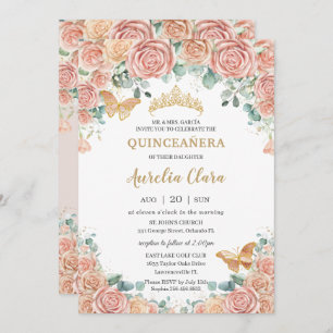 Chic Pastel Blush Peach Floral Roses Quinceanera Invitation