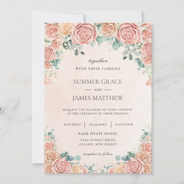 Chic Pastel Blush Peach Floral Roses Wedding  Invi Invitation (Front)