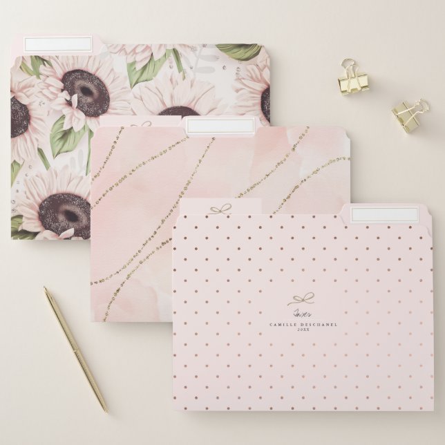 Chic Pastel Blush Pink Faux Gold Glitter Sunflower File Folder (Set)