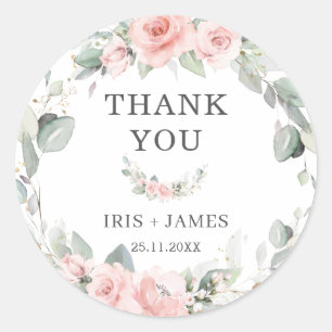 Chic Pastel Blush Pink Floral Wedding Thank You Classic Round Sticker