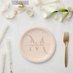 Chic Pastel Blush Pink Monogram Custom Name Girly Paper Plates