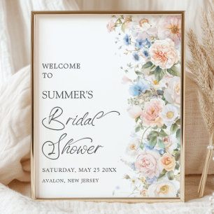 Chic Pastel Blush White Blue Floral Bridal Shower Poster