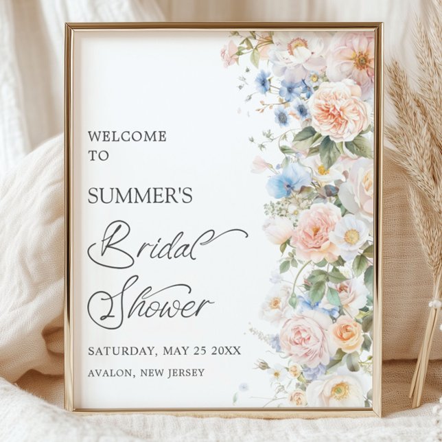 Chic Pastel Blush White Blue Floral Bridal Shower Poster (vintage-shabby-chic-floral-blush-white-ivory-blue-flowers-roses-garden-bridal-shower-welcome-sign)