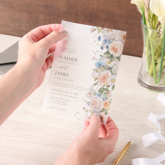 Chic Pastel Blush White Blue Roses Floral Wedding  Vellum Invitations (Handheld)