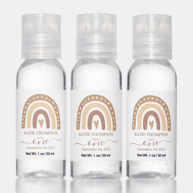 Chic Pastel Brown Rainbow Boho First Birthday Hand Sanitizer (Set)