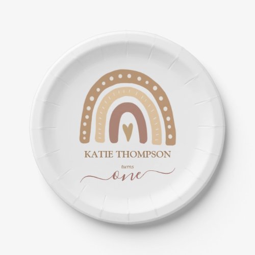 Chic Pastel Brown Rainbow Boho First Birthday Paper Plates