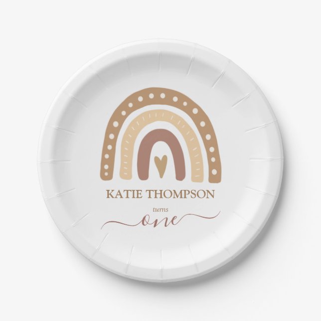 Chic Pastel Brown Rainbow Boho First Birthday Paper Plates (Front)