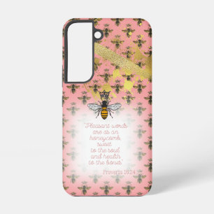 Chic Pastel Coral Gold Bee Grid Bible Queen Bee Samsung Galaxy S22 Case