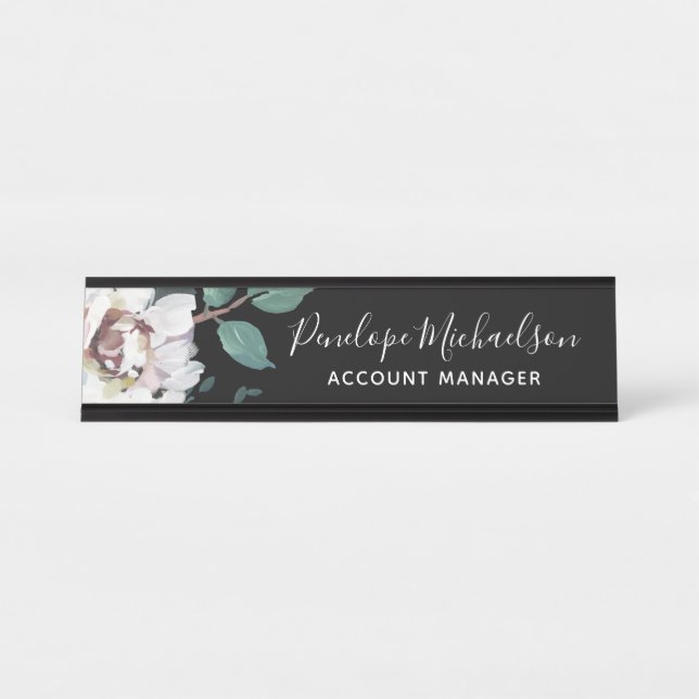 Chic Pastel Floral with Name and Title Desk Name Plate (Front)