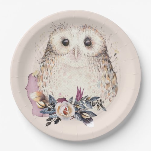 Chic Pastel Flower Owl Animal Boho Illustration Paper Plates