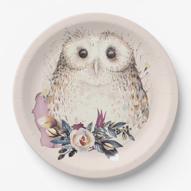 Chic Pastel Flower Owl Animal Boho Illustration Paper Plates (Front)