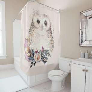 Chic Pastel Flower Owl Animal Boho Illustration Shower Curtain
