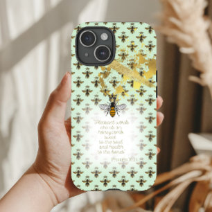 Chic Pastel Green Gold Bee Matrix Scripture  iPhone 15 Case