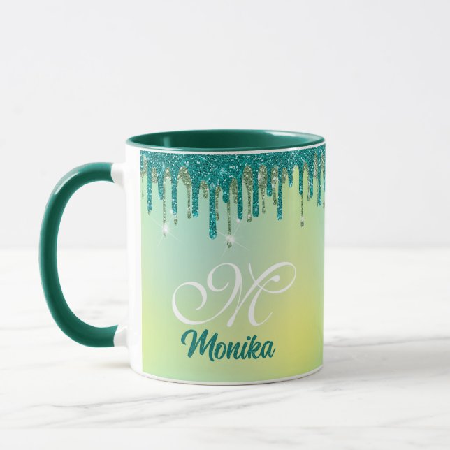 Chic Pastel Green Mint Glitter Drips Monogram Mug (Left)