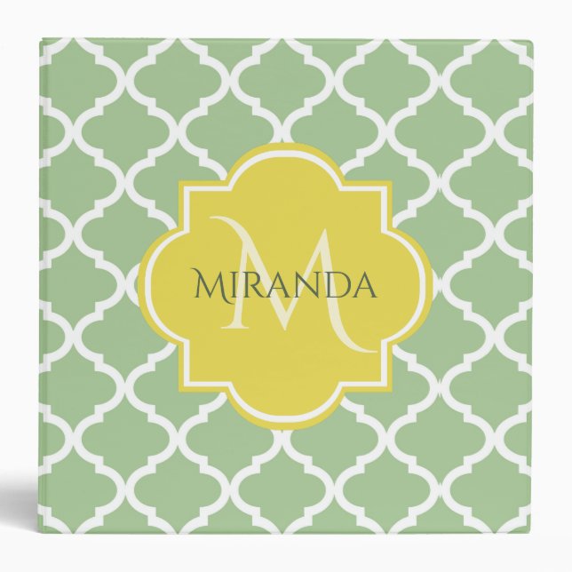 Chic Pastel Green Quatrefoil Yellow Name Monogram 3 Ring Binder (Front)