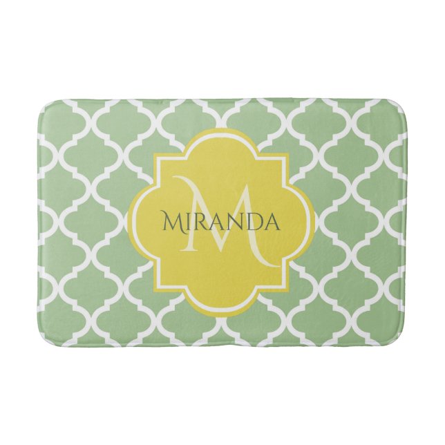 Chic Pastel Green Quatrefoil Yellow Name Monogram Bathroom Mat (Front)