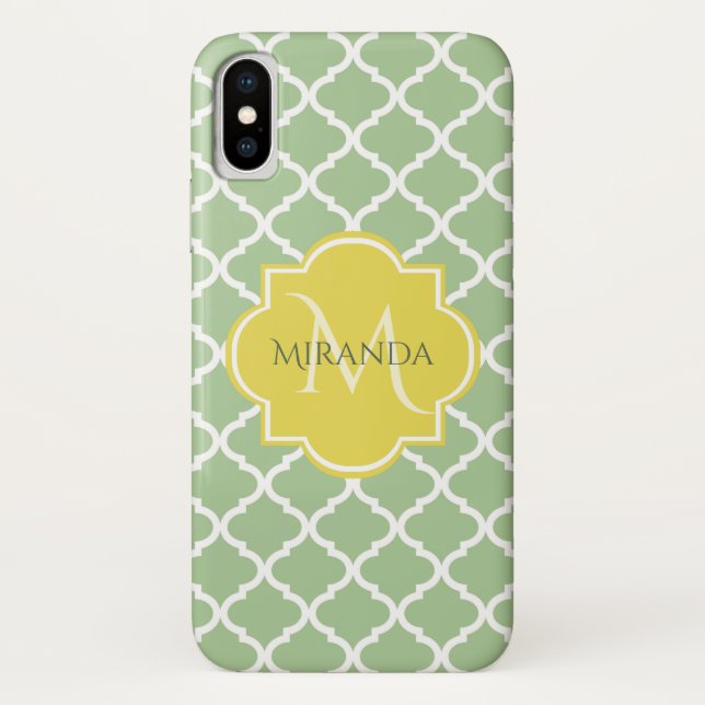 Chic Pastel Green Quatrefoil Yellow Name Monogram Case-Mate iPhone Case (Back)
