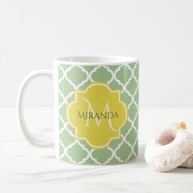 Chic Pastel Green Quatrefoil Yellow Name Monogram Coffee Mug (With Donut)