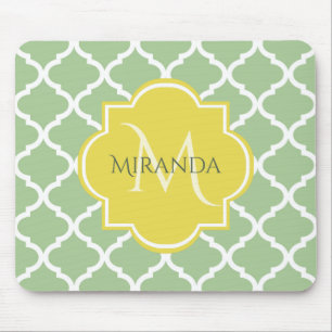 Chic Pastel Green Quatrefoil Yellow Name Monogram Mouse Pad