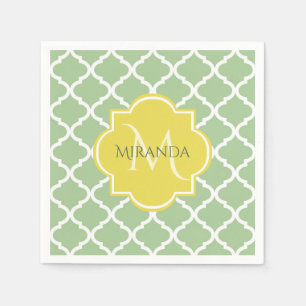 Chic Pastel Green Quatrefoil Yellow Name Monogram Napkins