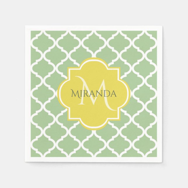 Chic Pastel Green Quatrefoil Yellow Name Monogram Napkins (Front)
