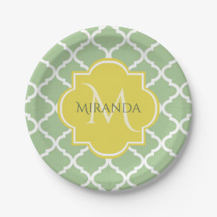 Chic Pastel Green Quatrefoil Yellow Name Monogram Paper Plates