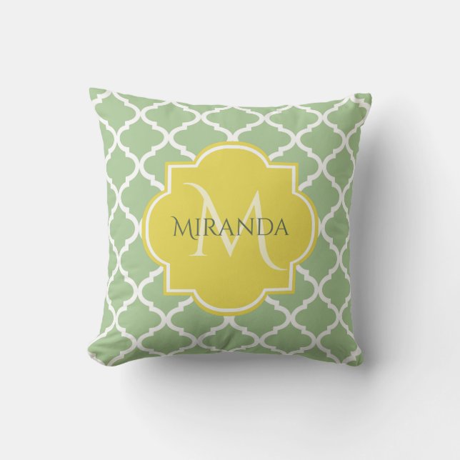 Chic Pastel Green Quatrefoil Yellow Name Monogram Throw Pillow (Front)