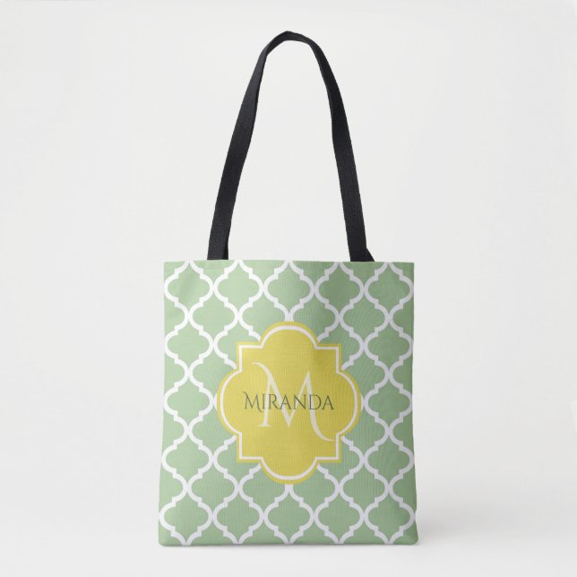 Chic Pastel Green Quatrefoil Yellow Name Monogram Tote Bag (Front)