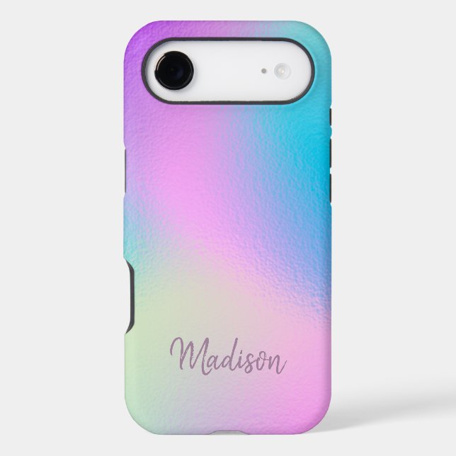 Chic Pastel Holographic Personalized Name iPhone Case (Back)