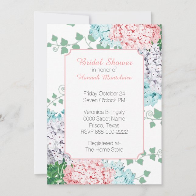 Chic Pastel Hydrangeas Bridal Shower Invitation (Front)