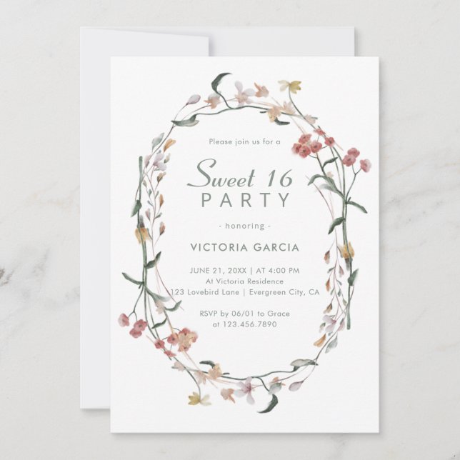 Chic Pastel Minimalist Wildflowers Sweet 16 Invitation (Front)