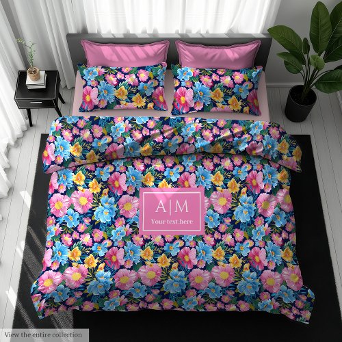 Chic pastel pink and blue floral custom name duvet
