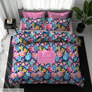Chic pastel pink and blue floral custom name duvet cover