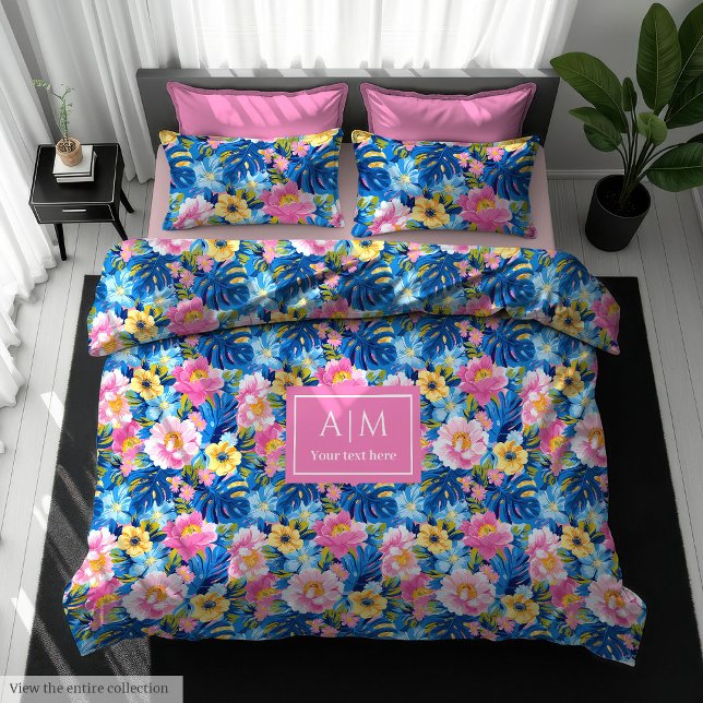 Chic pastel pink blue yellow floral custom name duvet cover (Chic pastel pink blue yellow floral custom name Duvet Cover)
