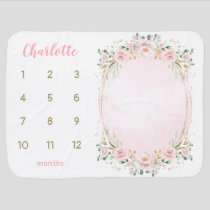 Chic Pastel Pink Floral Wreath Monthly Milestone Baby Blanket
