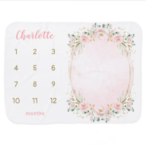 Chic Pastel Pink Floral Wreath Monthly Milestone Baby Blanket