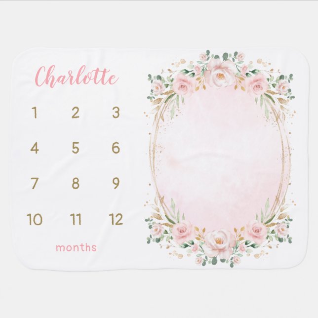 Chic Pastel Pink Floral Wreath Monthly Milestone Baby Blanket (Horizontal)