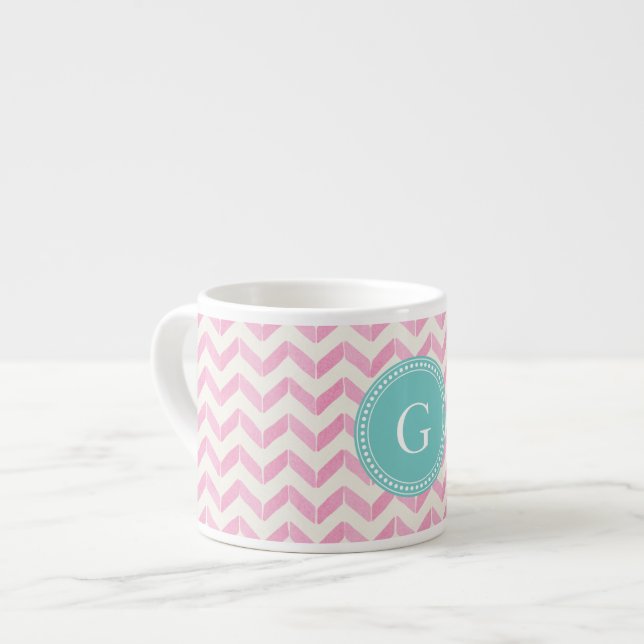 Chic Pastel Pink & Mint Chevron Custom Monogram Espresso Cup (Front Left)
