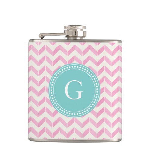 Chic Pastel Pink  Mint Chevron Custom Monogram Flask