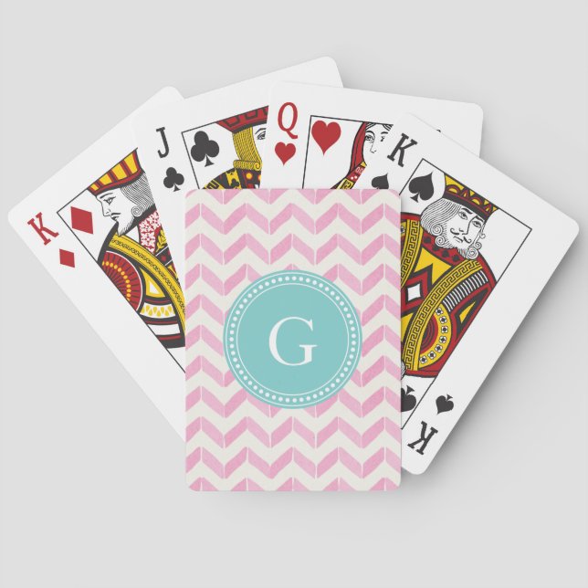 Chic Pastel Pink & Mint Chevron Custom Monogram Poker Cards (Back)