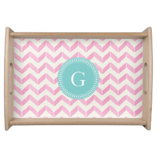 Chic Pastel Pink & Mint Chevron Custom Monogram Serving Tray