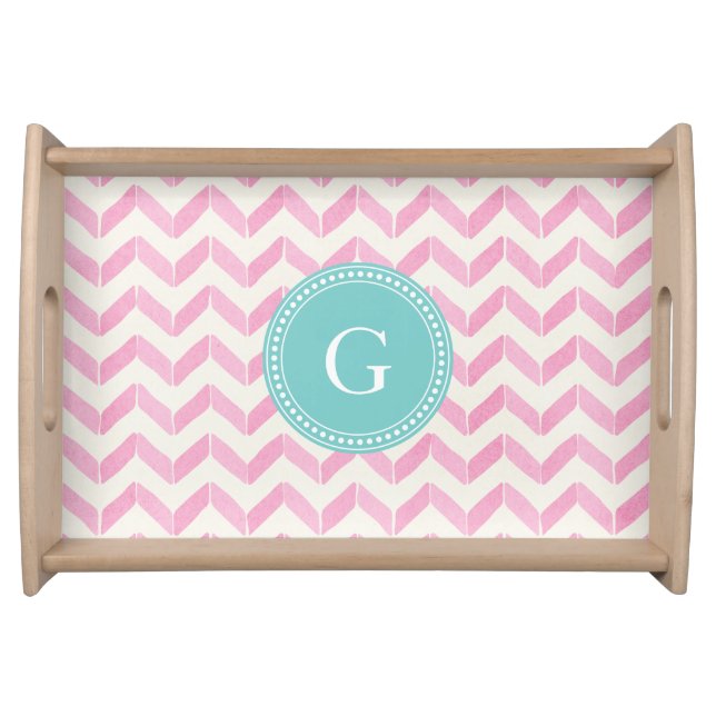Chic Pastel Pink & Mint Chevron Custom Monogram Serving Tray (Front)