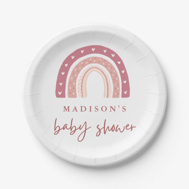 Chic Pastel Pink Rainbow Calligraphy Baby Shower  Paper Plates (Front)