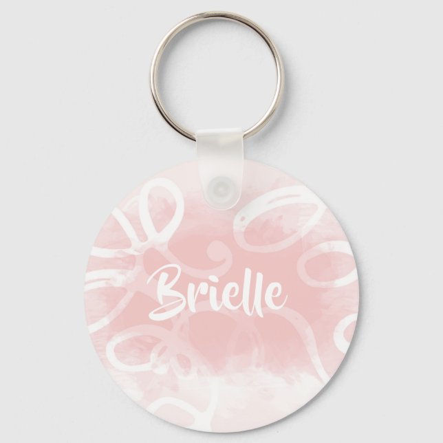 Chic Pastel Pink Watercolor Swirls With Name Keychain (Front)