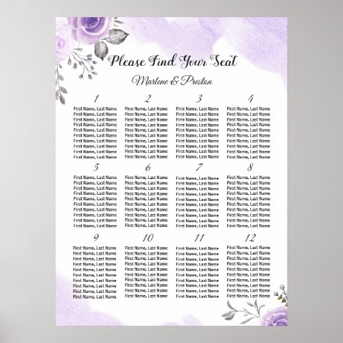 Chic Pastel Purple 12 Tables Wedding Seating Chart