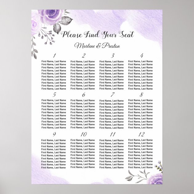 Chic Pastel Purple 12 Tables Wedding Seating Chart