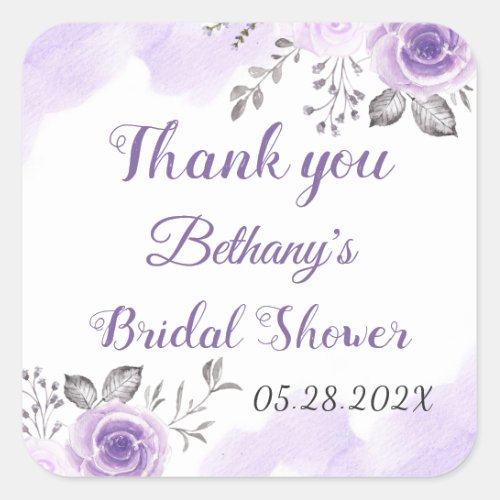 Chic Pastel Purple Floral Bridal Shower Thank You Square Sticker